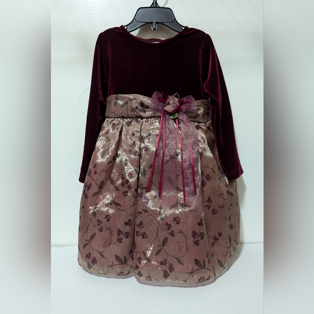 SZ 4T Chantilly Place Toddler Girls Velvet Bodice Floral Jacquard Dress With Bow